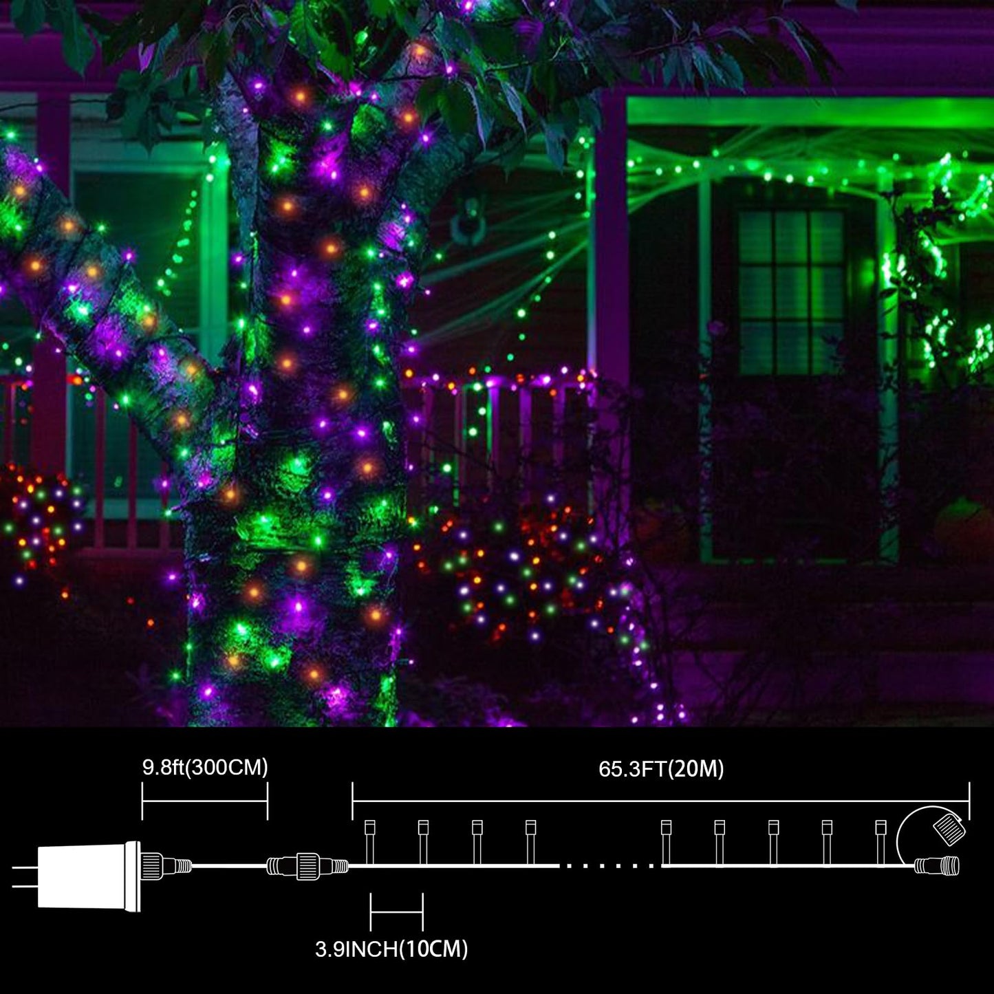 Lamphome 66Ft Halloween Decorative Mini Lights  200 Led Transparent Wire Fairy Starry String Lights Plug In  16 Lighting Modes For Halloween Outdoor Party Decoration (Orange/Purple/Green)