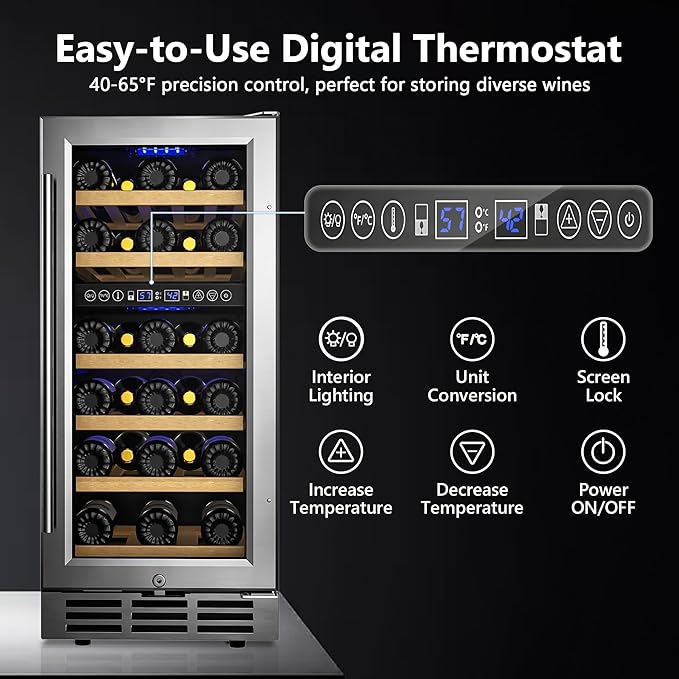 15 Inch Dual Zone Wine Fridge, 28 Bottles Under Counter Wine Refrigerator, with Removable Shelves, Double-Layer Glass Door, Wine Cooler for Built-In or Freestanding, for Home/Commercial