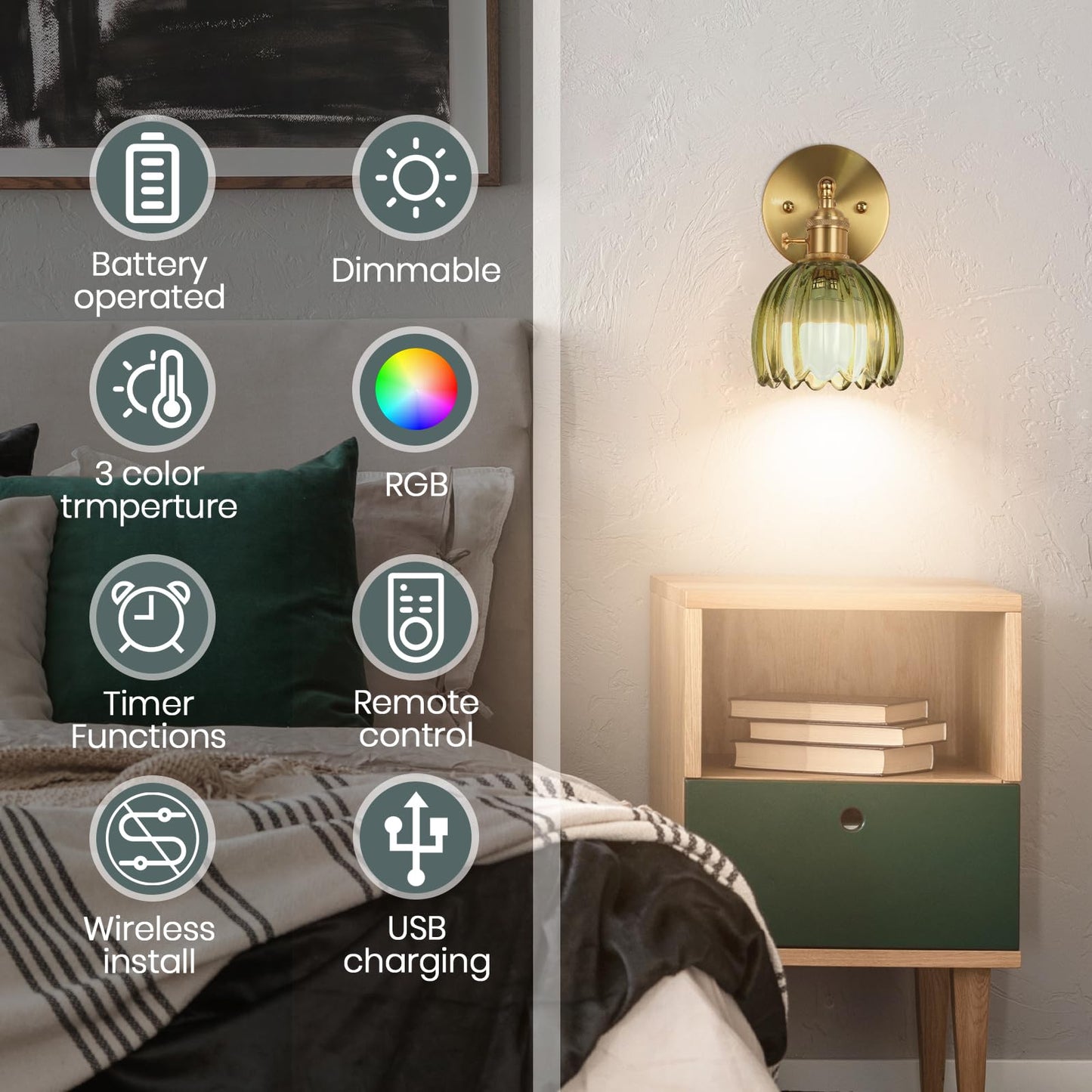 EIDEARAY Battery Operated Wall Sconce, Vintage Design, Glass, Tulip Green, Model YLC-BRO3TB, Remote Control, Rechargeable