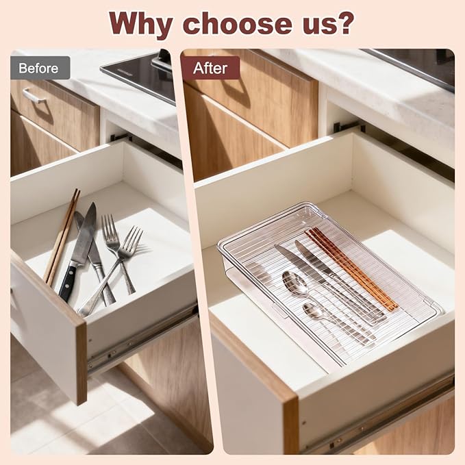 Transparent Flatware Tray Kitchen Drawer Organizer With Lid, Plastic Kitchen Cutlery Tray and Utensil Silverware Storage Container with Cover, Multi-Purpose Storage Box for Bathroom, Office, and Dorm