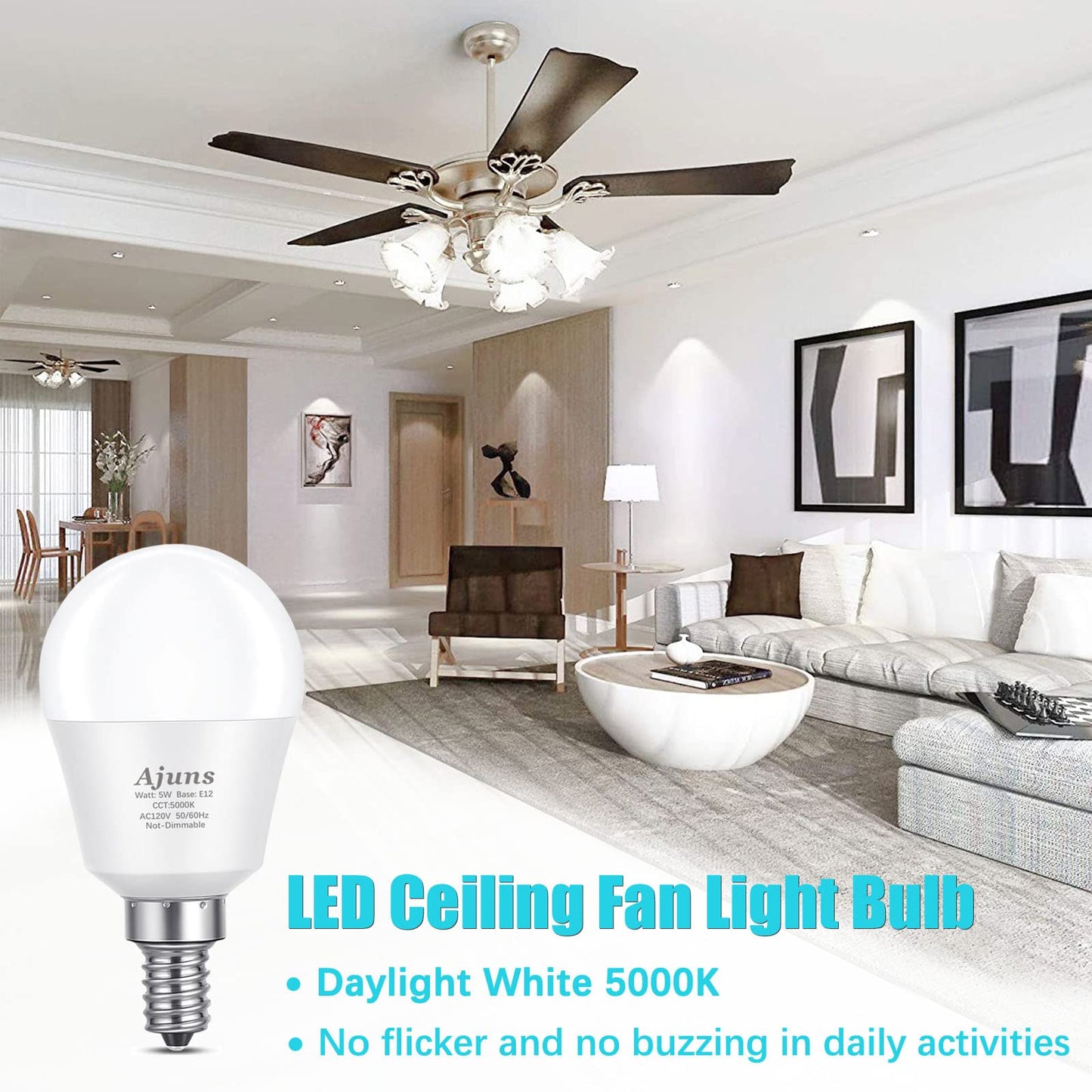 Ajuns E12 LED Bulbs, Daylight 5000K, 40W Equivalent, 450 Lumen, 6 Pack, Plastic, Non-Dimmable, A15 Model
