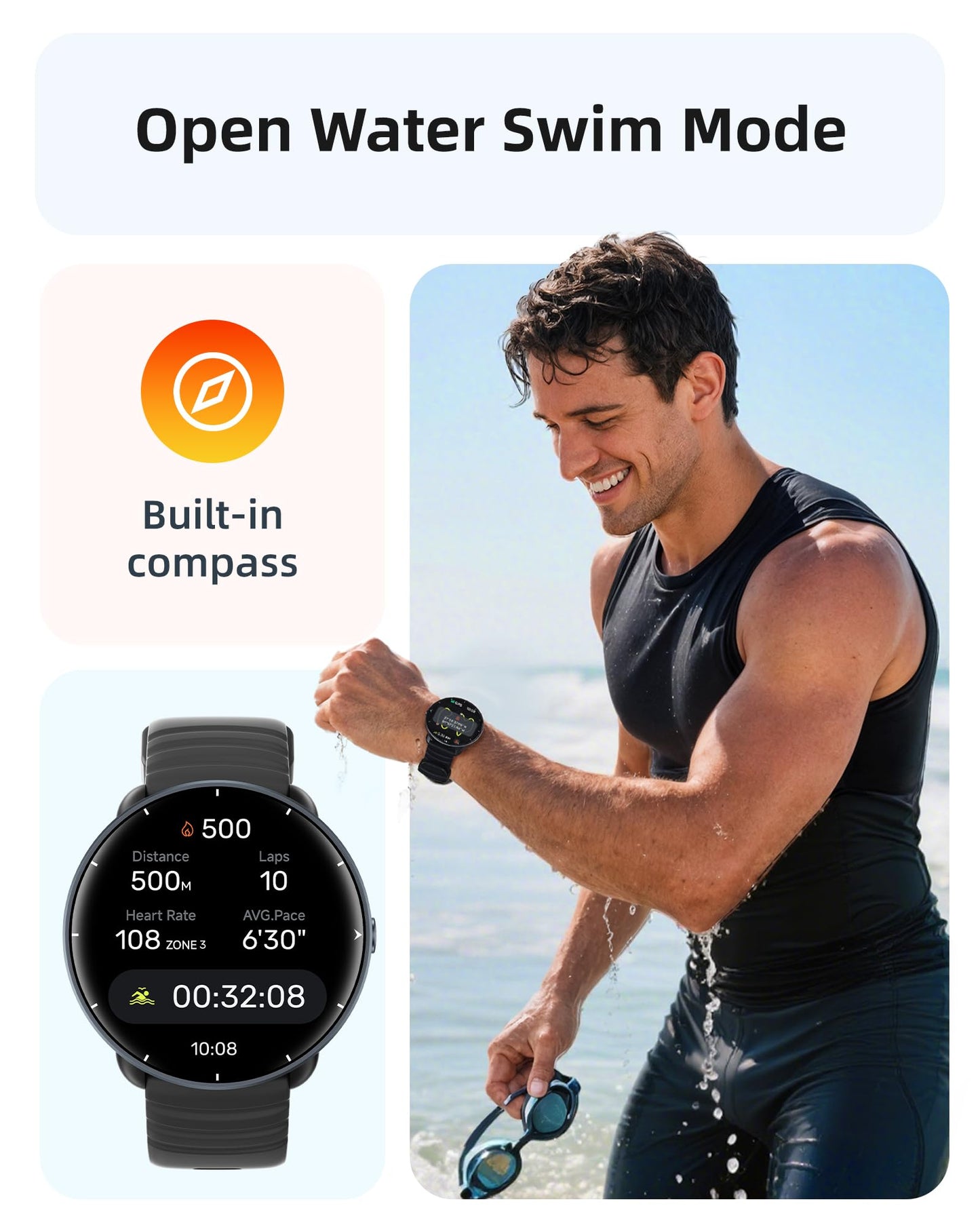 Parsonver Swimming Smart Watch, 5ATM Waterproof for Pool & Open Water, Built-in GPS & Compass, AMOLED Screen Fitness Tracker with 100+ Sports Modes, Heart Rate & Sleep Monitor, AI Swim Analysis, Black