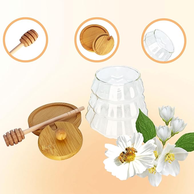 2Pcs Glass Honey Jar Set with Wooden Dipper ，12 OZ Honey Pot for Kitchen, Coffee Bar Decor, Home Organization, Gift for Her，Drizzle Control Design Honey Dispenser Jar for Jam, Jelly, Syrup