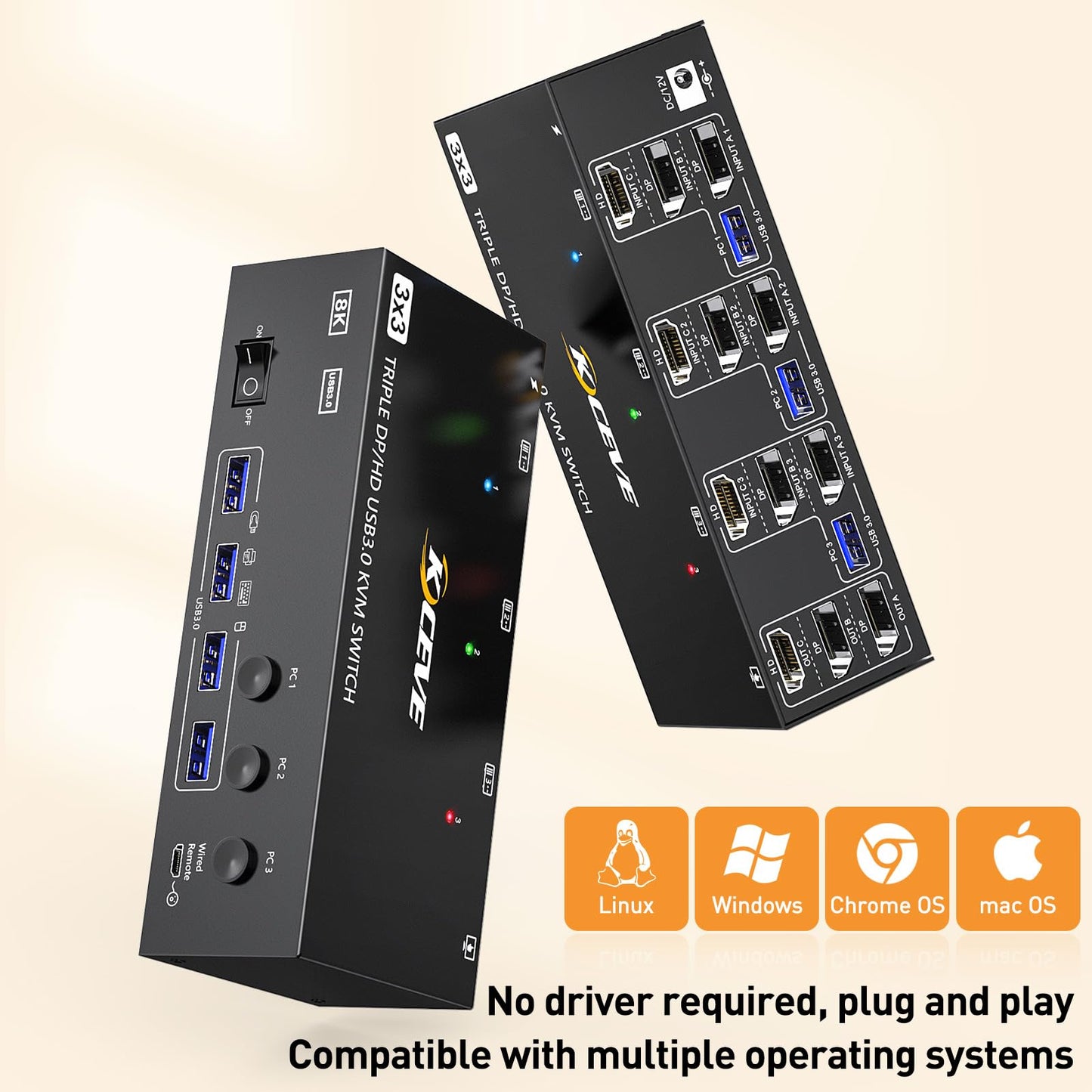 8K KVM Switch 3 Monitors 3 Computers HDMI + DisplayPort, KCEVE USB 3.0 DP KVM Switcher, 8K@30Hz/4k@144Hz Triple Monitor DP KVM for 3 PC Share 3 Display and 4 USB 3.0 Devices