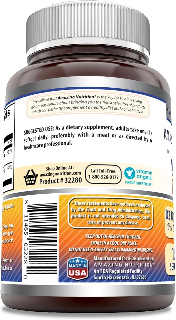 Amazing Formulas Vitamin D3 10000 IU with Vitamin K2 200 Mcg | D3 + K2 Complex Supplement | Non-GMO | Gluten-Free | Made in USA (1 Pack, 120 Count)