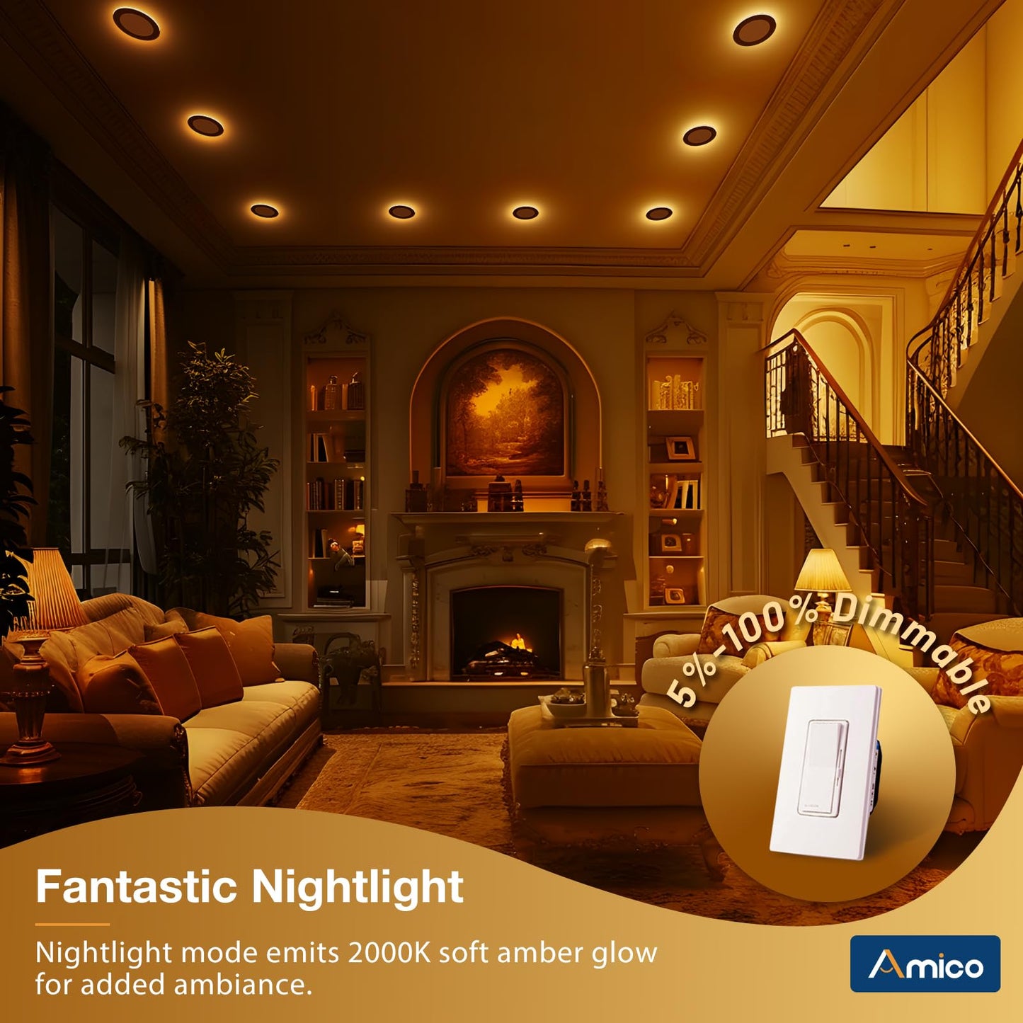 Amico 4 Pack Black 6 Inch 5Cct Led Recessed Ceiling Light With Night Light  2700K-5000K Selectable Ultra-Thin Recessed Lighting  12W=110W  1100Lm  Dimmable Canless Wafer Downlight Etl&Fcc