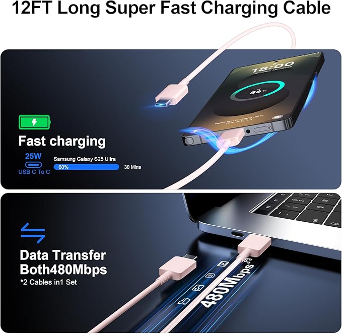 Super Fast Charger Type C, 25W USB C Wall Charger Fast Charging for Samsung Galaxy S25 Ultra/S25/S25+/S24+/S24 Ultra/S24/S24+/S23 Ultra/S22 Ultra/S21 Ultra with 12FT Long Type C Charger Cable 2Pack