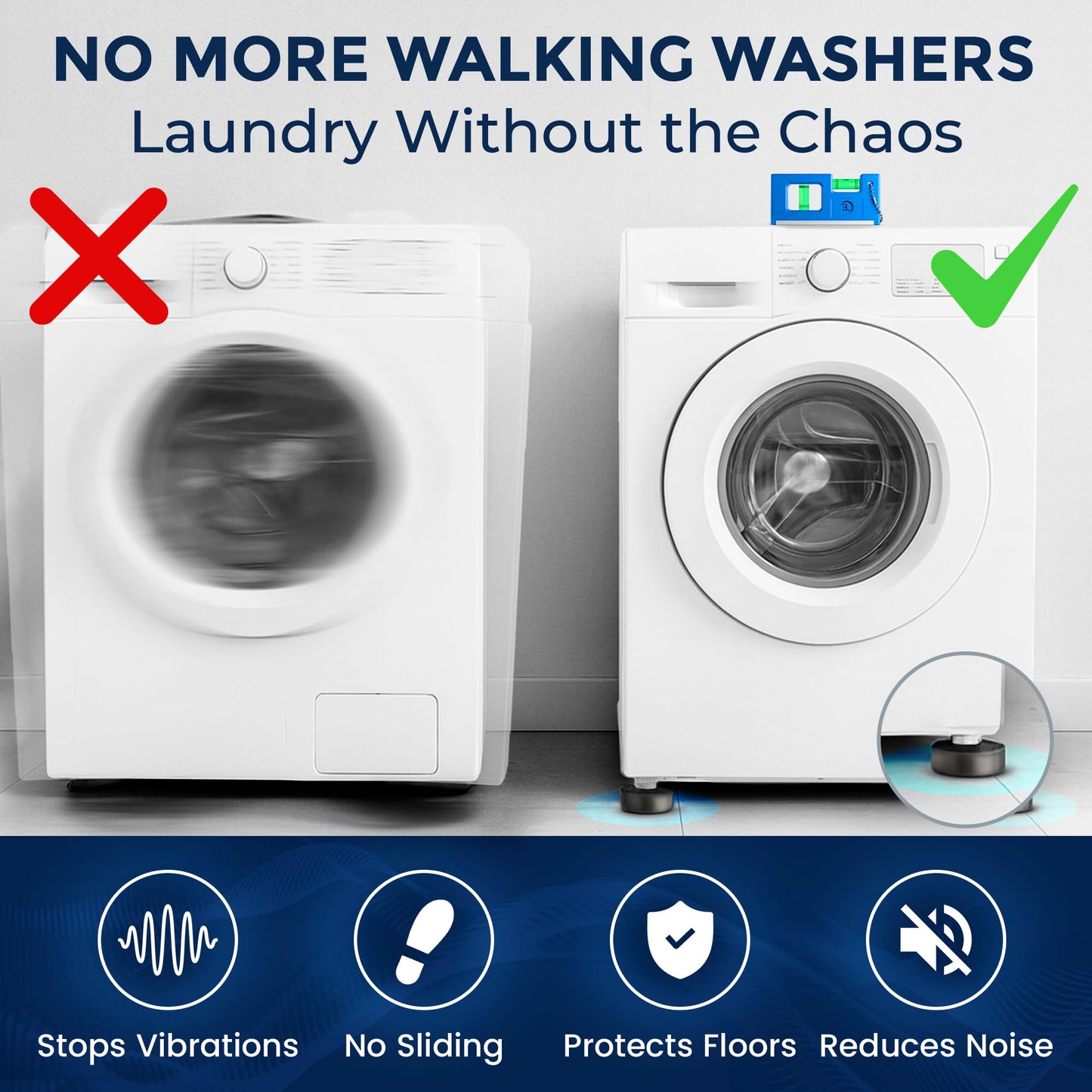 Anti Vibration Pads for Washing Machine with Tank Tread Grip | 4 Pack + Level | Fits Most Round Feet up to 1.75” | Stops Washer Dryer from Moving | Rubber Antivibration Stabilizer for Leveling Washer