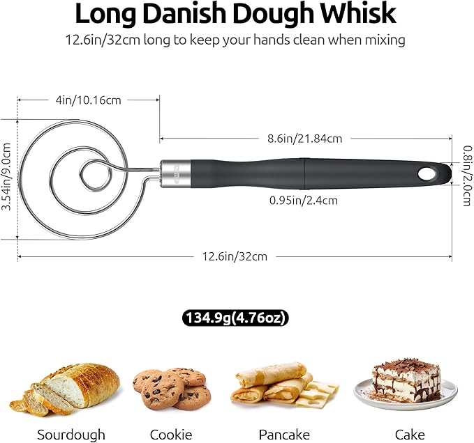 U-Taste 5.5 Inch 18/8 Stainless Steel Mesh Strainer and 12.6in Stainless Steel Danish Dough Whisk (Black)