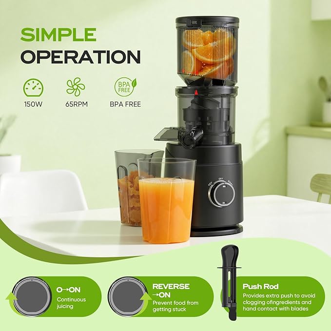 Juicer Machines, Cold Press Juicer Machine for Whole Fruits and Vegetables, 150 Watts Masticating Juicers, High Juice Yield, Juice Extractor Machine