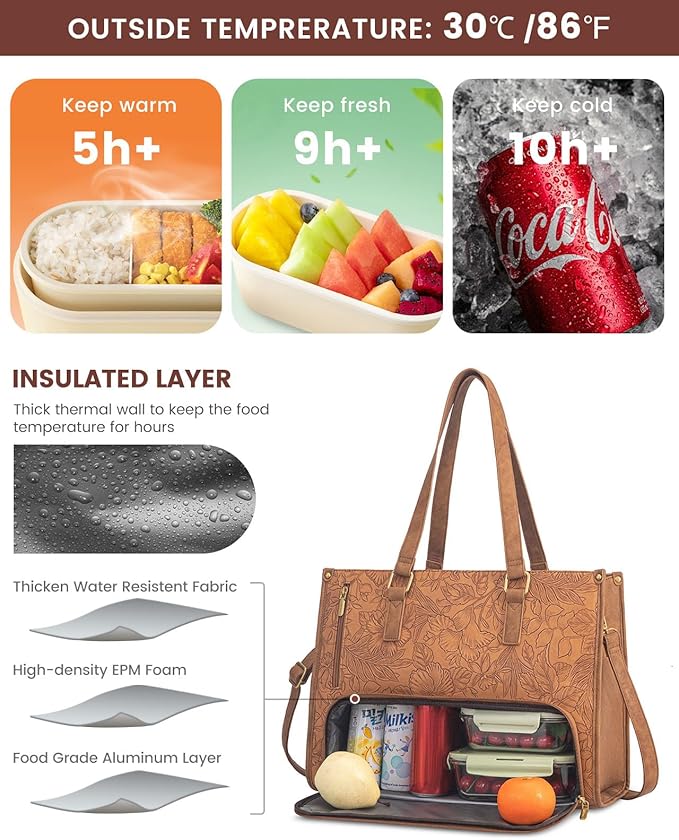 LOVEVOOK Lunch Tote Bag for Women, 17.3 Inch Laptop Bag with Insulated Lunch Compartment, Quilted Large Capacity Computer Handbag with Purse for Business, Work, Nurse, Office, Collage, Casual