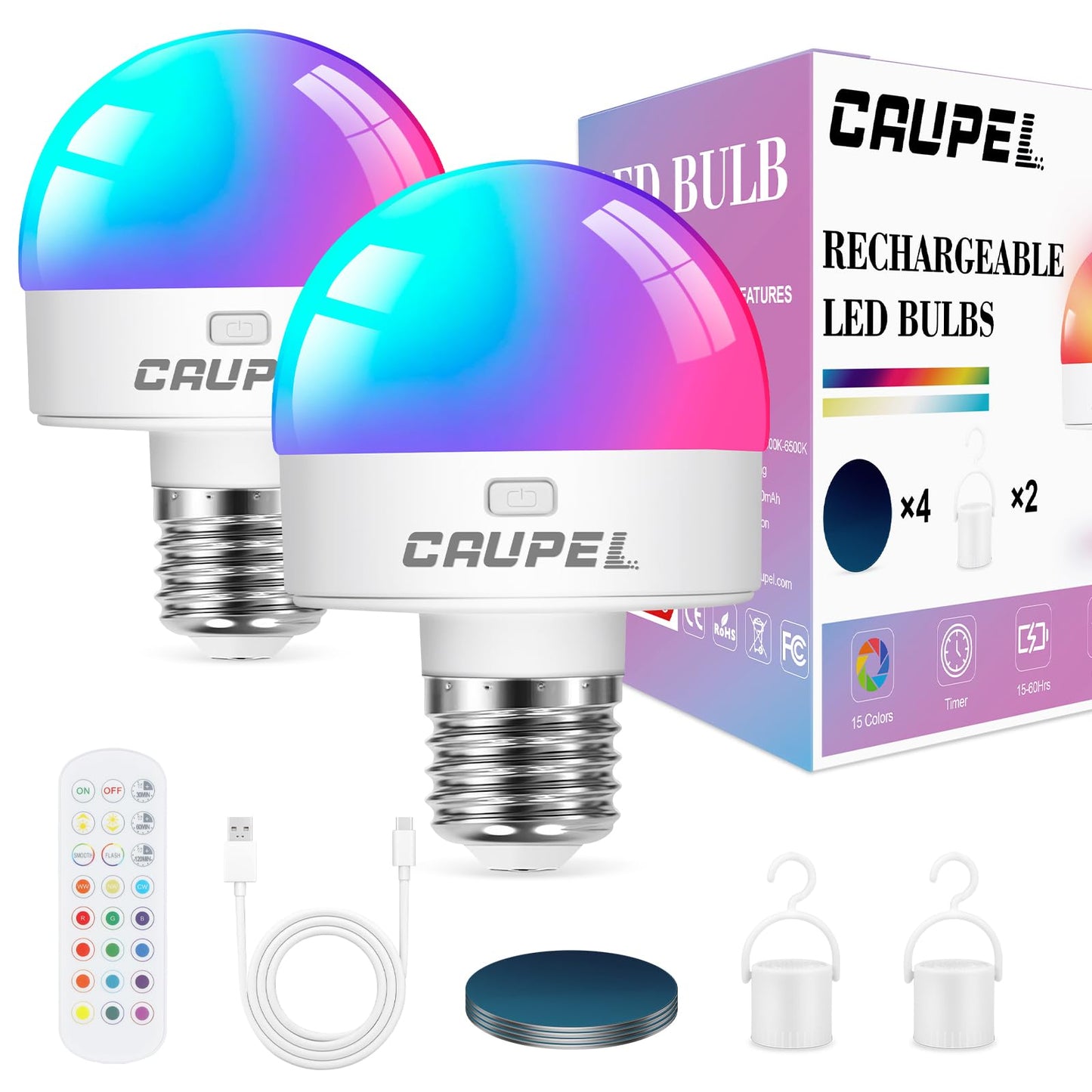 Caupel RGBCW Rechargeable LED Light Bulbs, E26, 60W Equivalent, 500 Lumens, 3 Color Temperatures, 2 Pack, Model RB-05