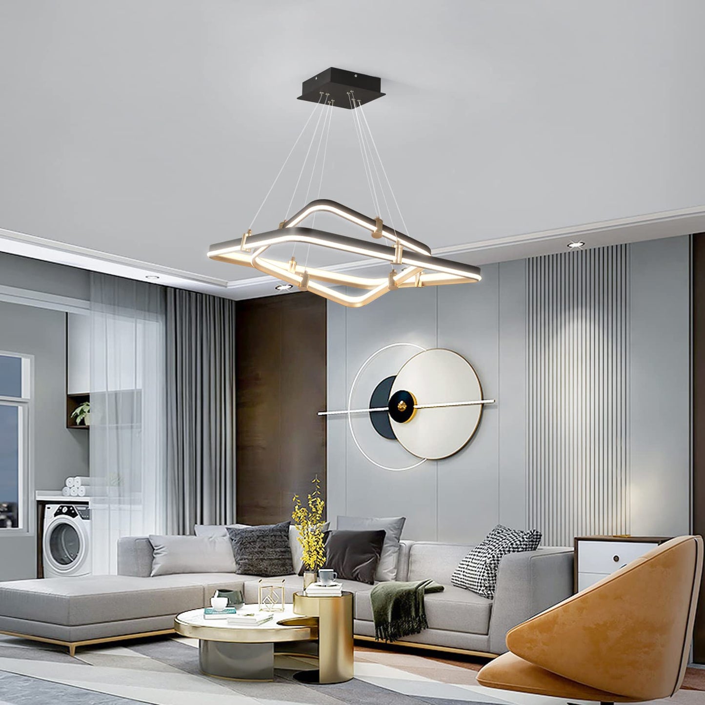 Siittoo Modern Black Chandelier Dining Room Light Fixture  96W Dimmable Led Modern Pendant Light  2-Ring Rectangular Chandelier Hanging Light Fixture For Kitchen Island Living Room Hall  F=24+16