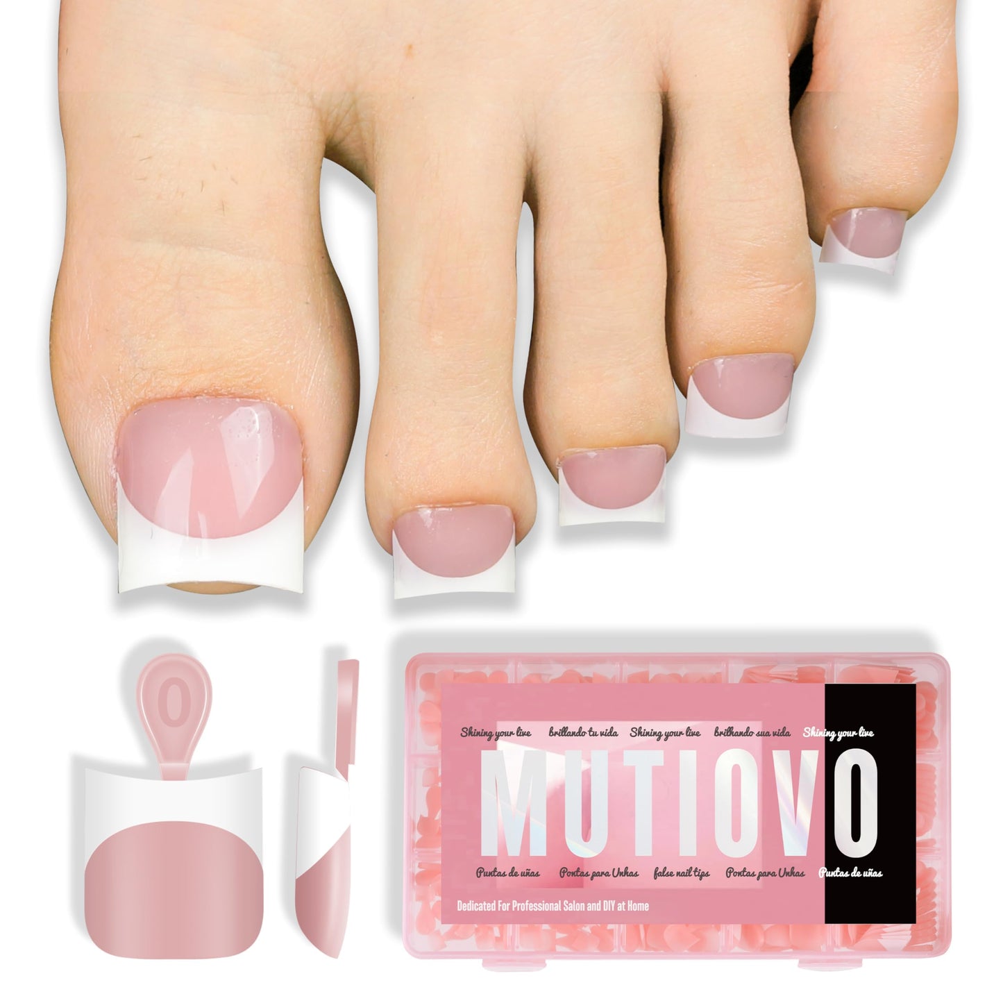 Short Toe Nail Tips White French Tip BABY PINK Press on with Moon Curve,Soft Gel False Nail Kit,Thick Sharp Square Toenail Exten