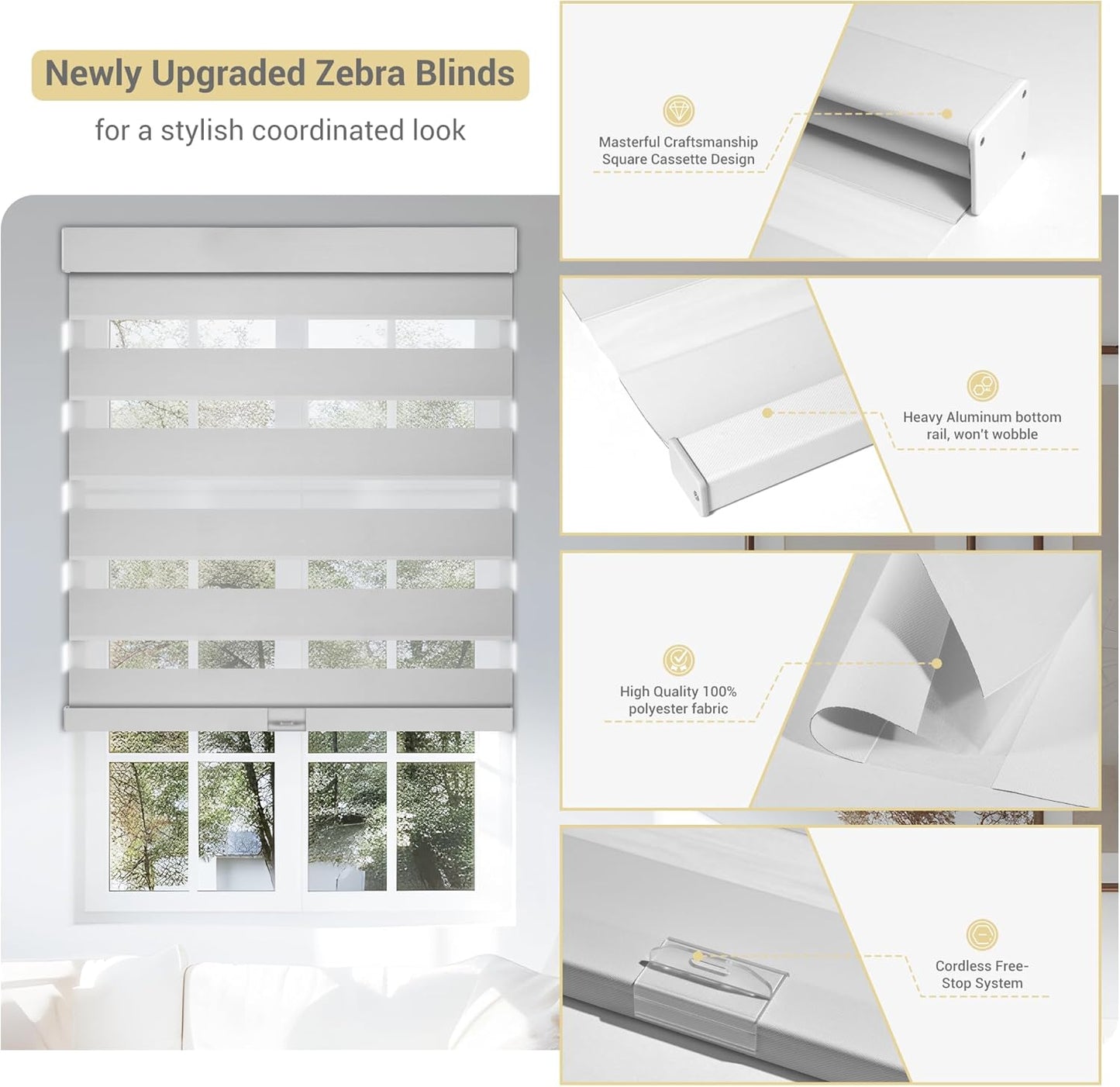 Cordless Zebra Blinds for Windows, Blackout Interior Blinds,Easy to Install,UV Protection,for Offices and Home,Custom Roller Shades, Solid White, 70" W x 64" H