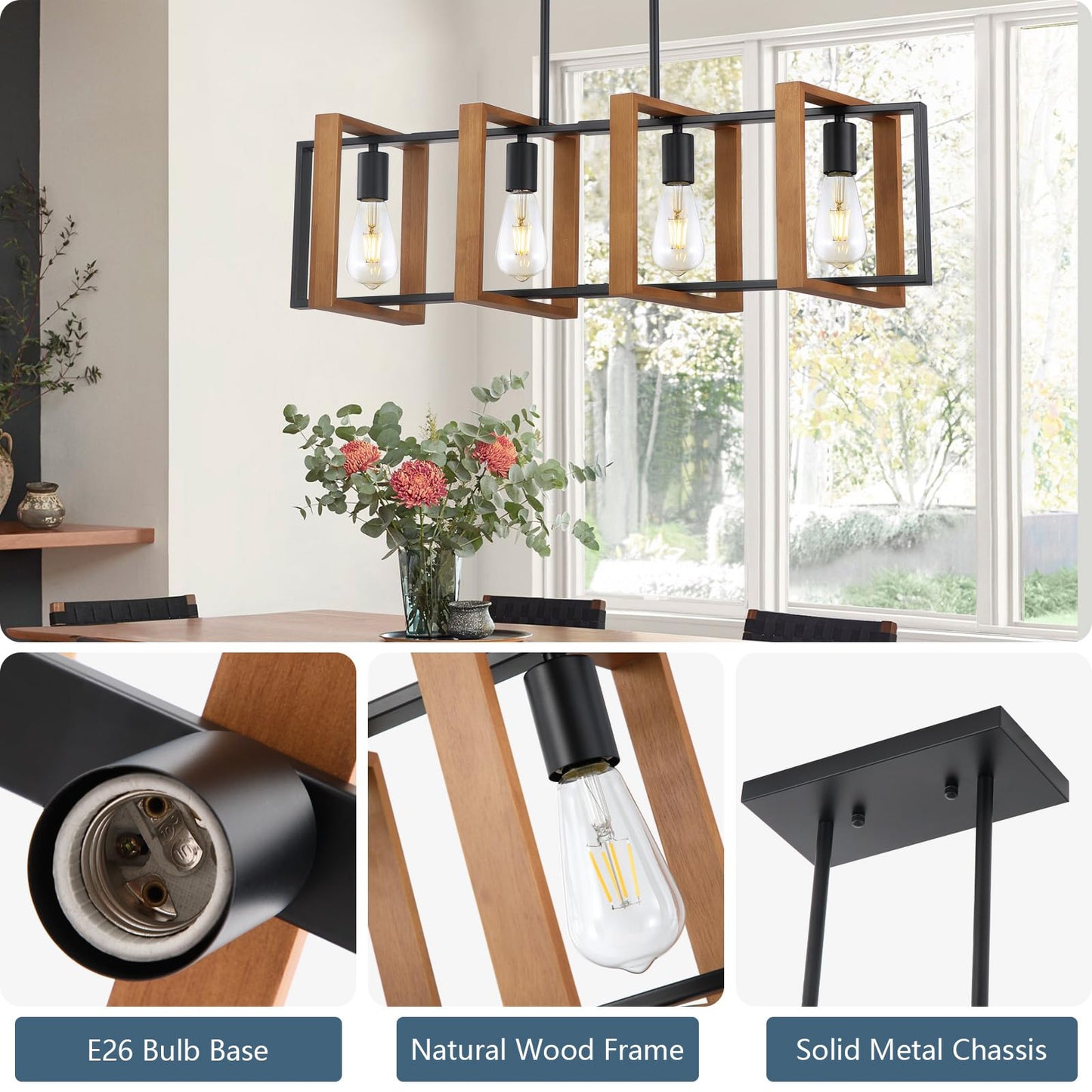 9MMML Kitchen Island Chandelier, 4-Light Wooden Frame, Matte Black Finish, Model P2028-04-WD