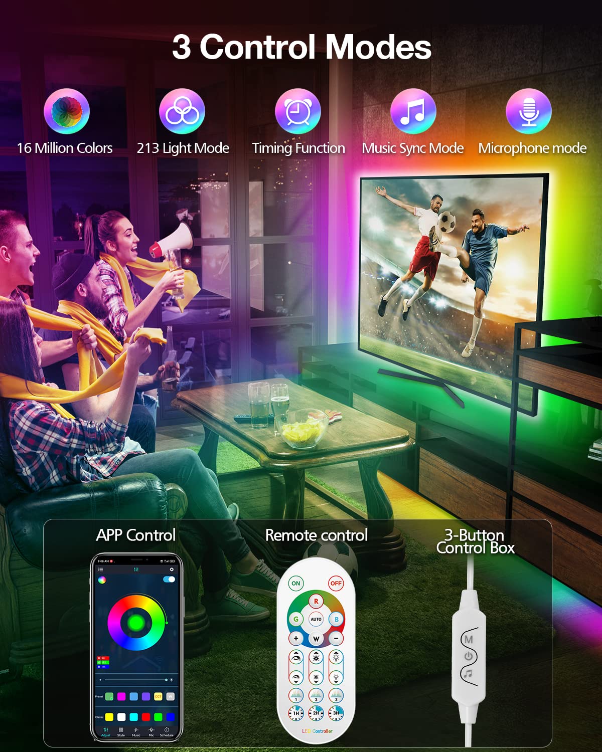 Daymeet LED TV Backlight Strip, 9.8 FT, RGB Multicoloured, USB Powered, Music Sync, Bluetooth APP Control for 32-60 inch TVs