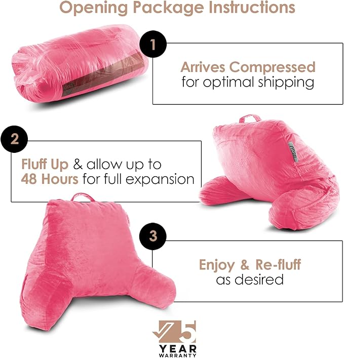 Nestl Reading Pillow Standard Bed Pillow, Back Pillow for Sitting in Bed Shredded Memory Foam Chair Pillow, Reading & Bed Rest Pillows Light Pink Back Pillow for Bed, Bed Chair Arm Pillow with Pockets