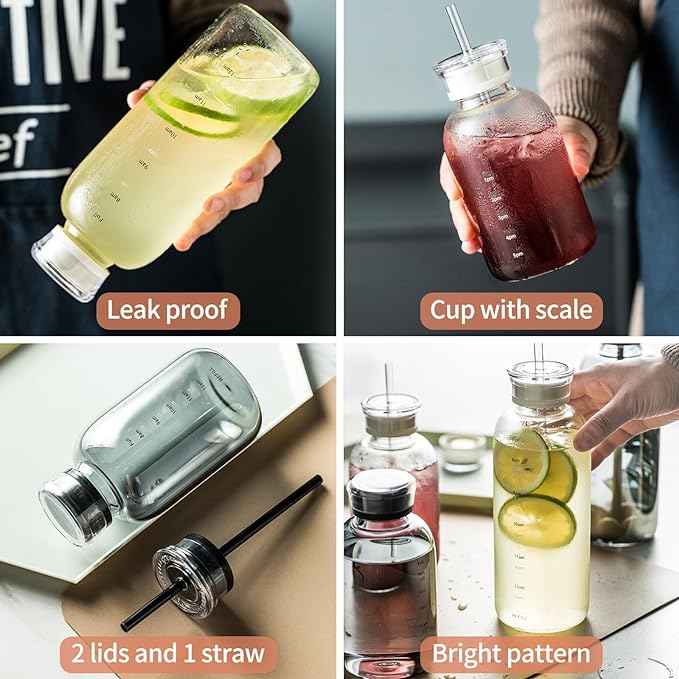 Glass water bottle With Time Marker -24oz with 2 caps and straw,Reusable Glass Drinking Bottles，Suitable For Drinks, Juices, Sodas, Coke, As Gifts Etc (24oz*2pcs)