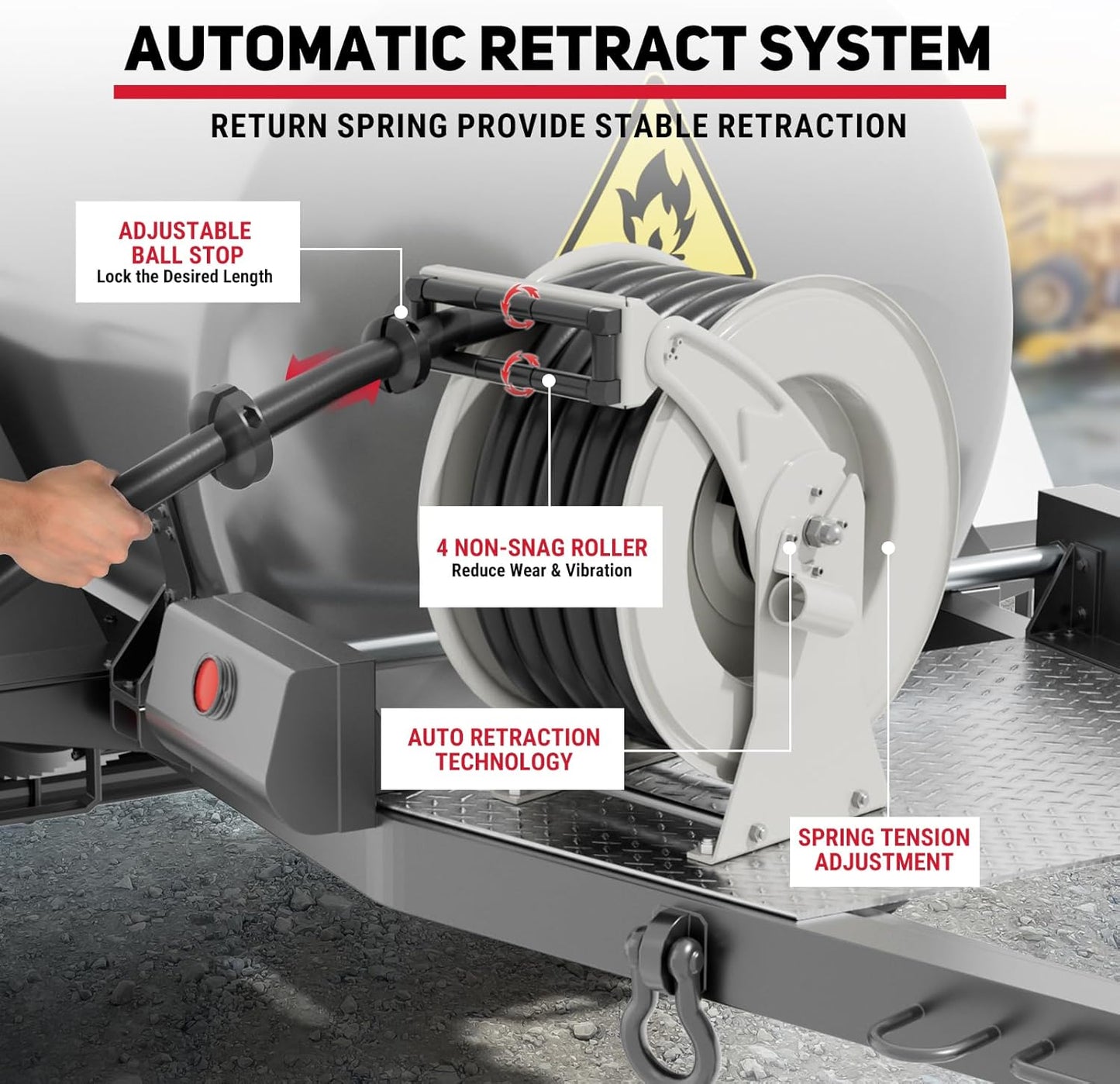 Fuel Hose Reel, 1" x 33' Diesel Fuel Reel with Refueling Nozzle, 300 PSI Heavy-duty Steel Construction Used for Aircraft Ship Vehicle Tanker Truck