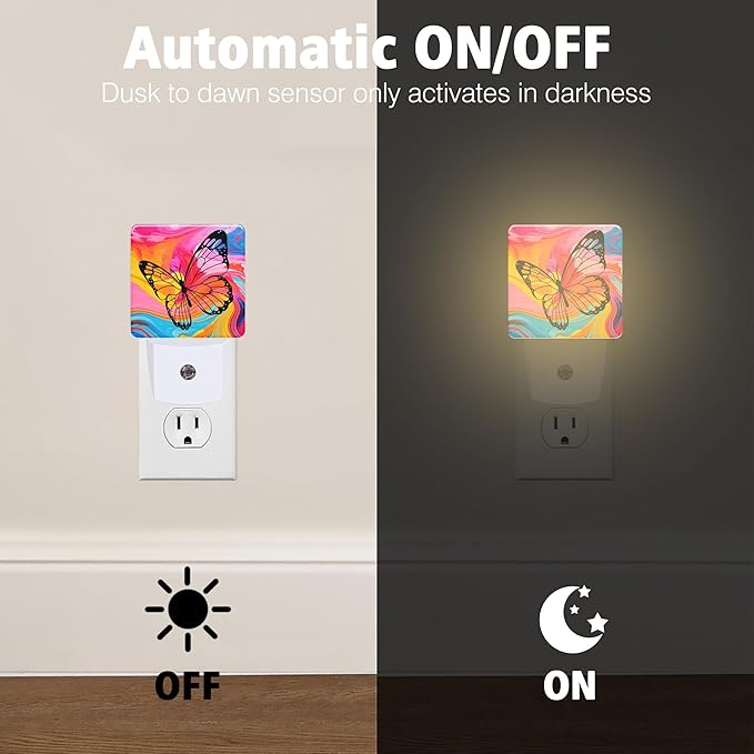 Butterfly Night Light Colorful Marble Plug in Night Lights LED Lamp with Dusk to Dawn Sensor Auto Energy Saving Square Lights for Bedroom Bathroom Hallway Home Wall Decor Nightlight