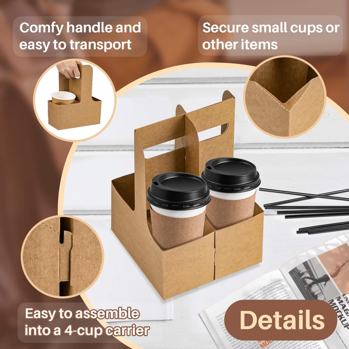 MAQIHAN 2 Cup Drink Carrier with Handle - 12Pcs Disposable Paper Cardboard Coffee Cup Holder Portable Drink Caddy Cup Carriers to go Cup Holder Food Delivery Accessories for Hot/Cold Drinks (Brown)