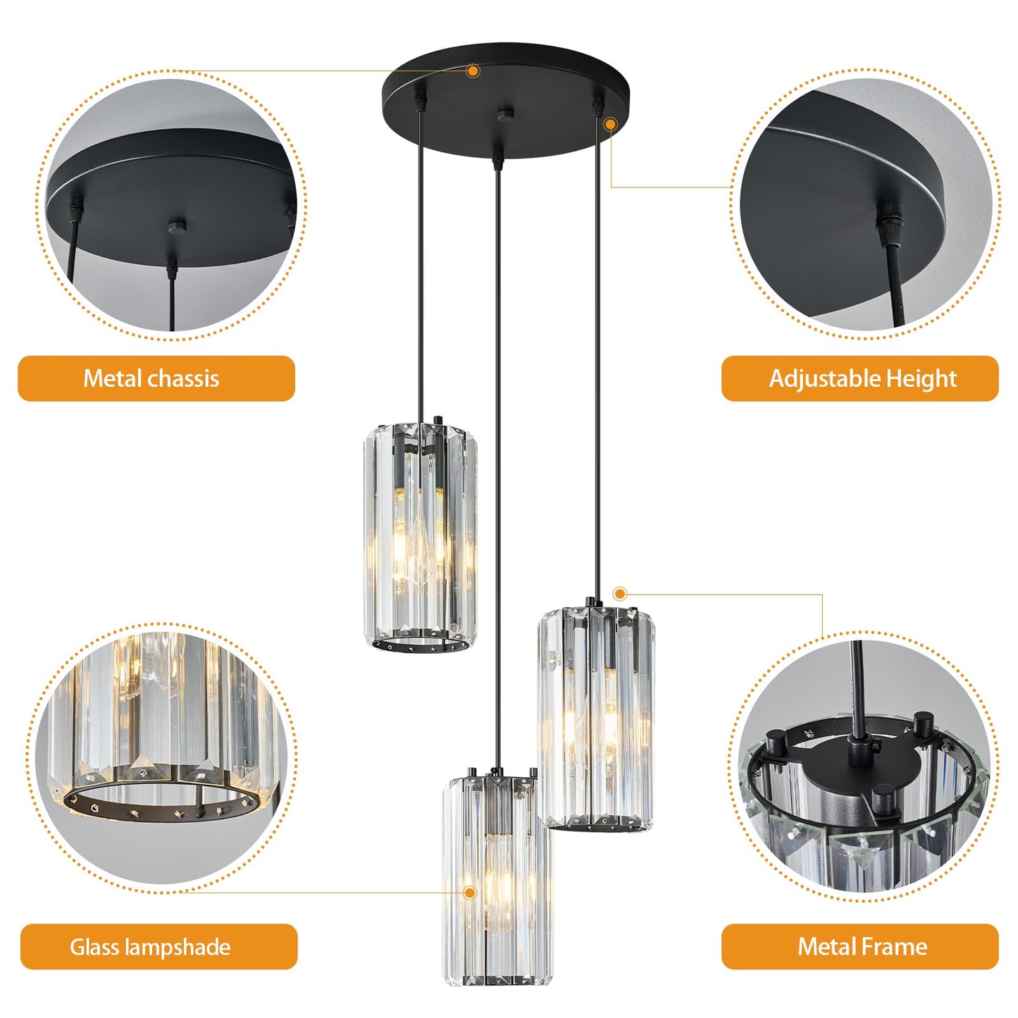 Zhllmq Black Pendant Lighting Modern Pendant Light  Mini Crystal Chandeliers Adjustable Pendant Light Fixture For Kitchen Island Dinning Room Corridor Bedroom(Black 3-Light)
