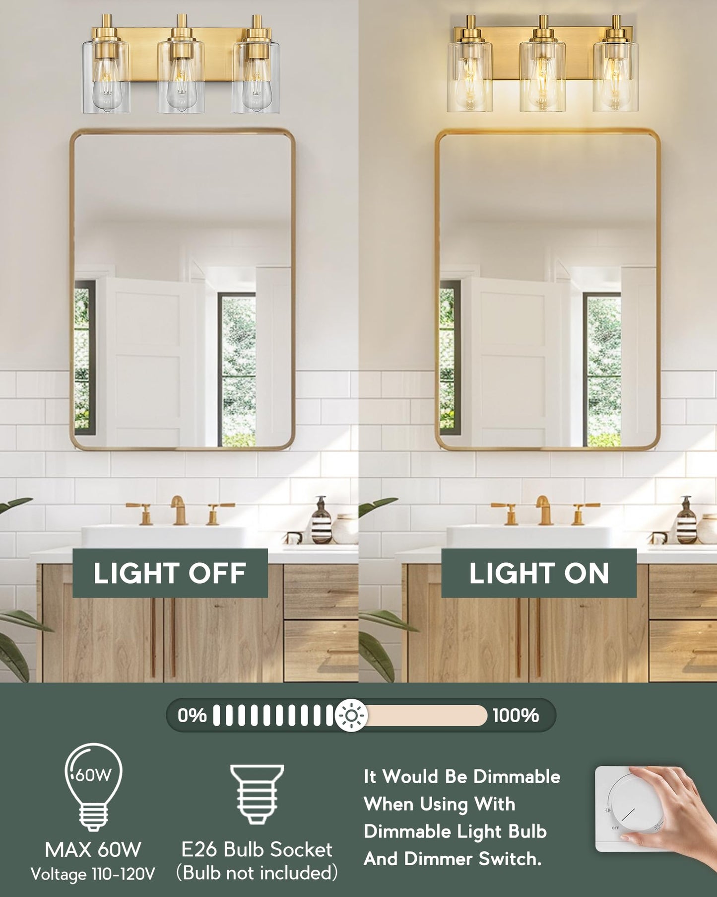 Metwet 3-Light Brushed Gold Bathroom Light Fixture, Modern Metal Vanity Lighting With Clear Glass Shade, Model Vl143-Bg-3