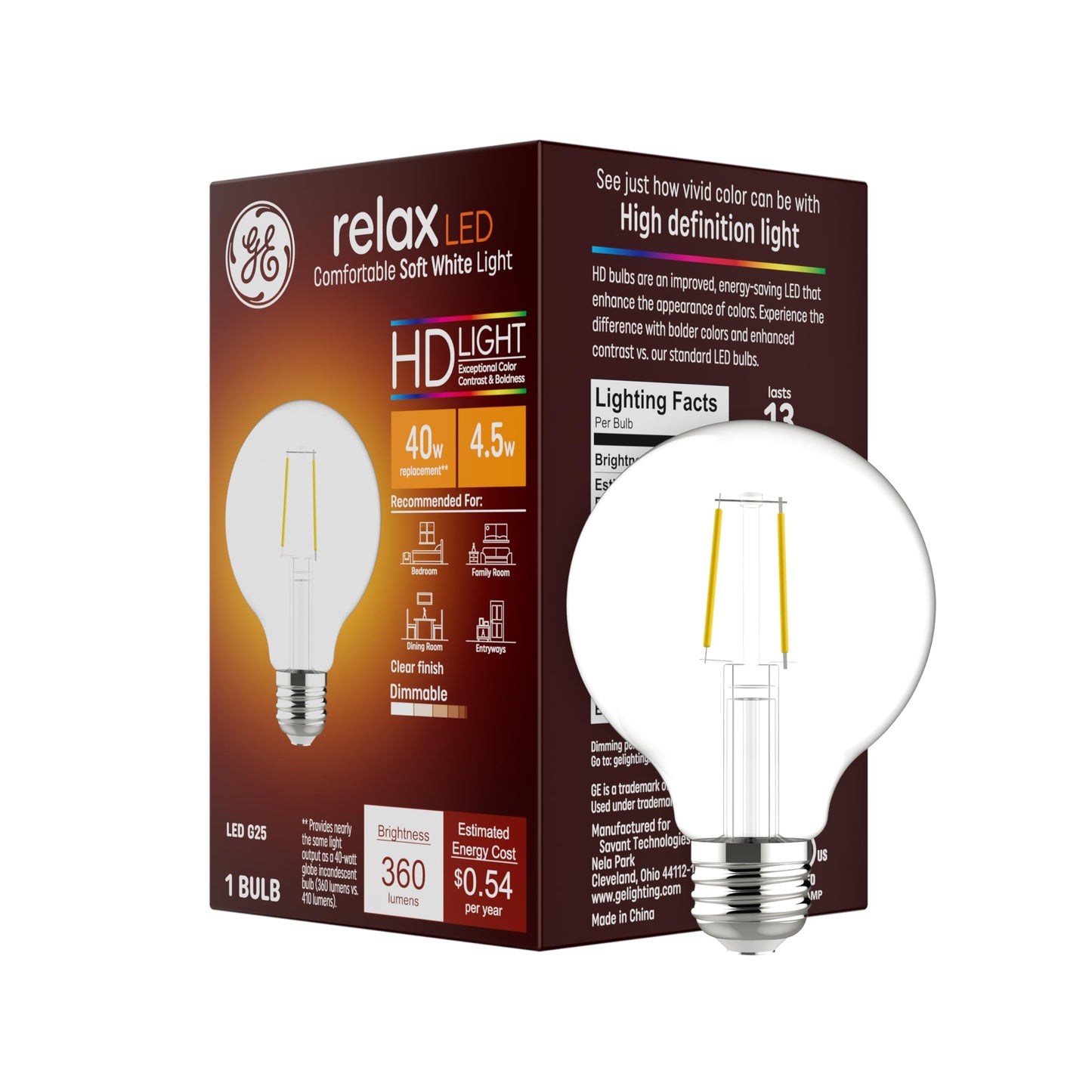 Ge Relax Led Light Bulb  40 Watt  Soft White  G25 Globe Bulb  Clear  Medium Base (1 Pack)