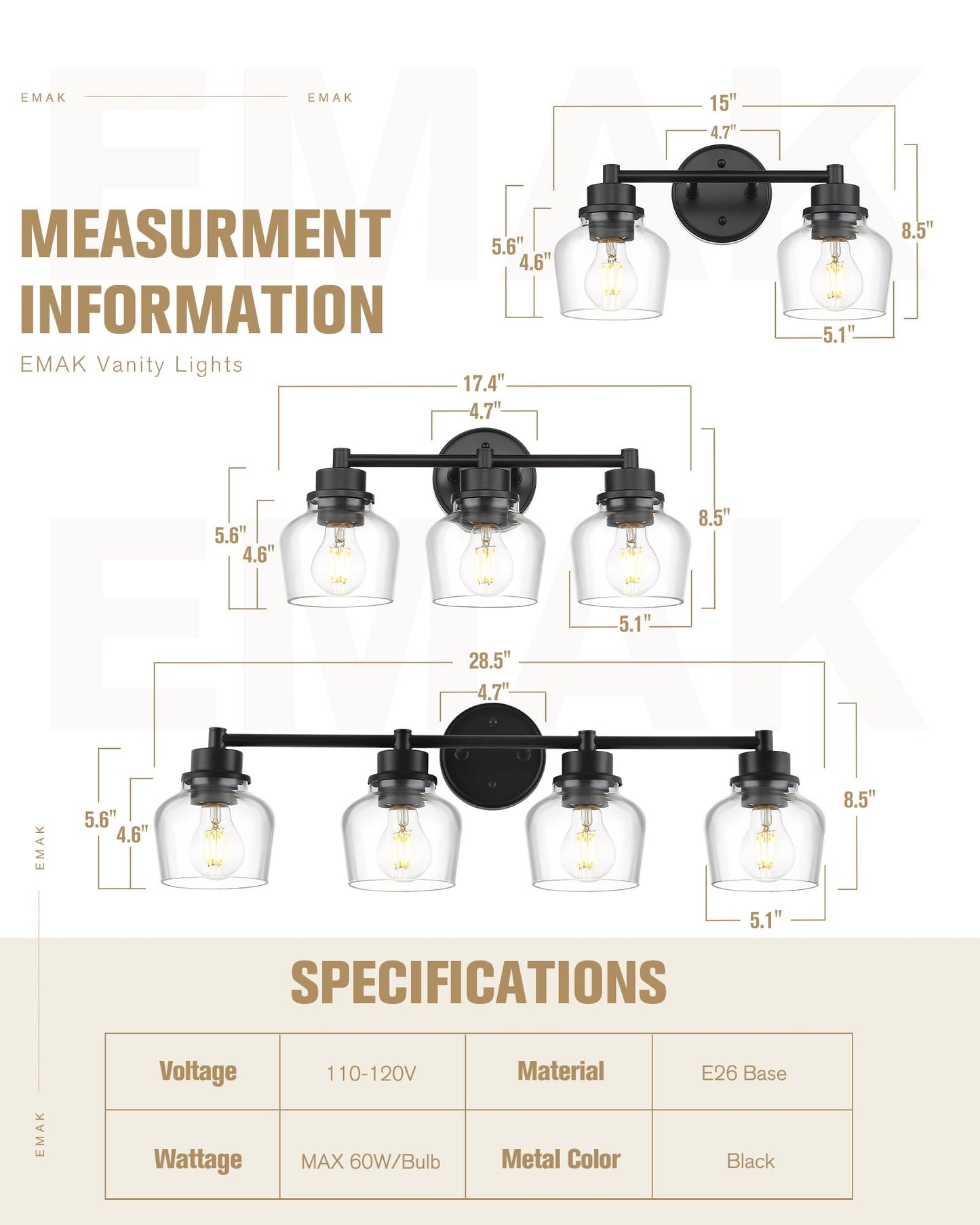 Emak 4-Light Bathroom Vanity Light, 29 Inch Black Bathroom Light Fixtures Over Mirror with Clear Glass Shade, Modern Farmhouse Vanity Lights for Mirror, Bath, VL122-BK-CG-4