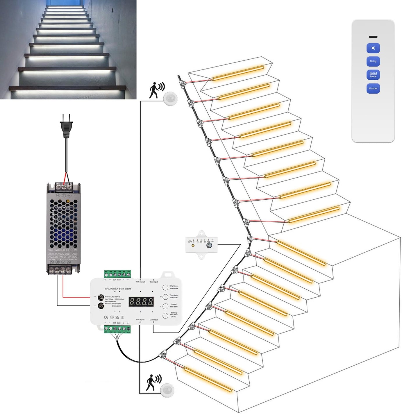 MALIIGAZA Intelligent Motion Sensor LED Stair Light Kit, 47.2 In, 6000K, Plastic, Model STEP-09-20S-CW-1.2M-H