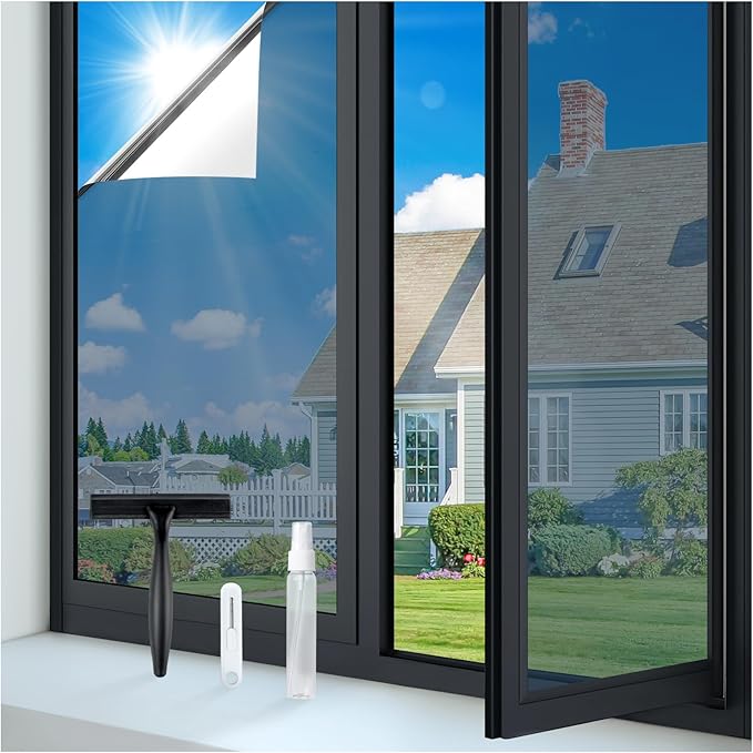 rabbitgoo One Way Window Privacy Film Tint with 3 Tools for Home, Sun Heat UV Blocking Control Reflective Adhesive Mirror Tint See Out Not in Office Door Covering, Silver, 35.4 x 157.5 inches