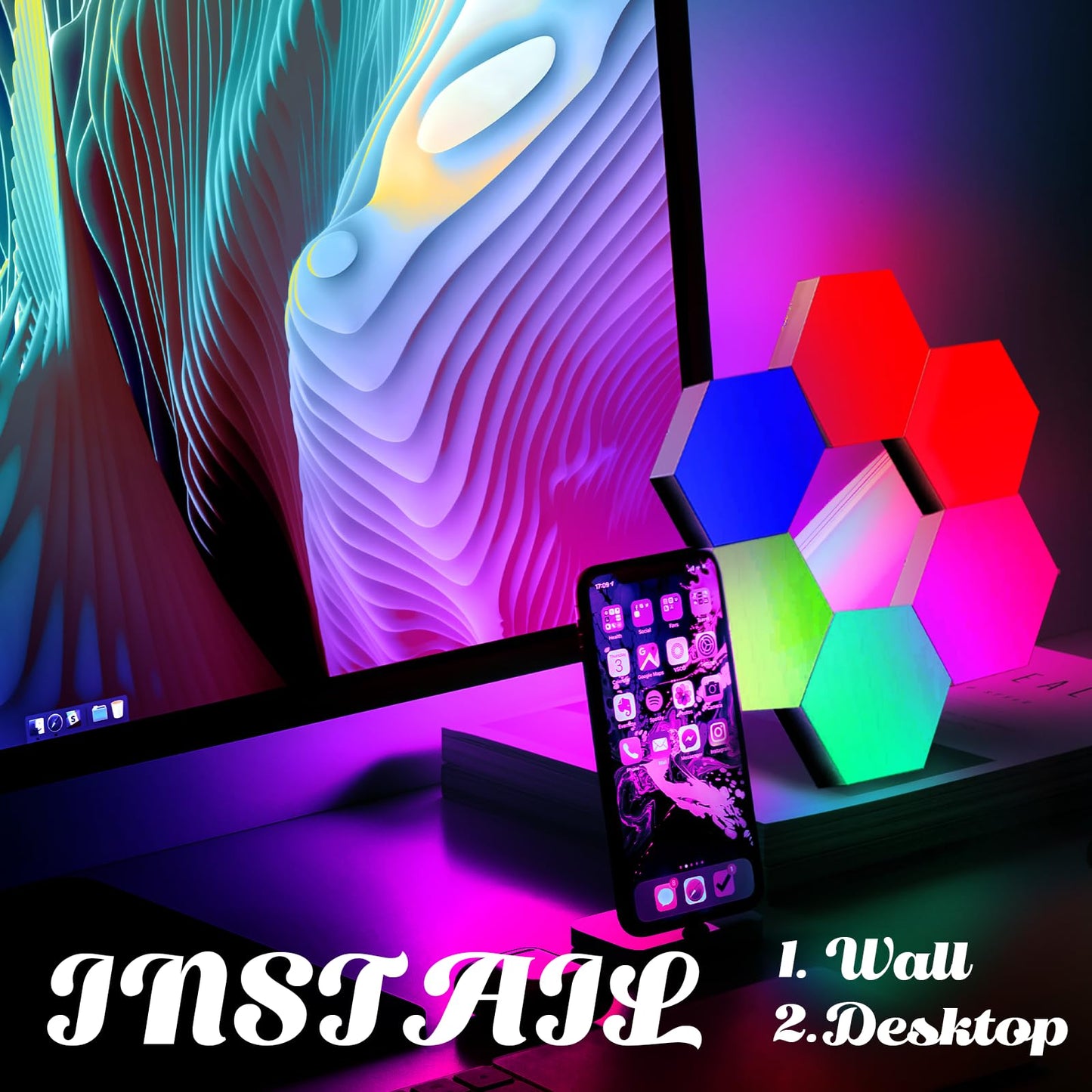 ODISTAR Hexagon Wall Light, RGB LED Touch-Sensitive, 6-Pack, USB-Powered, Model LP-010, Geometric Design