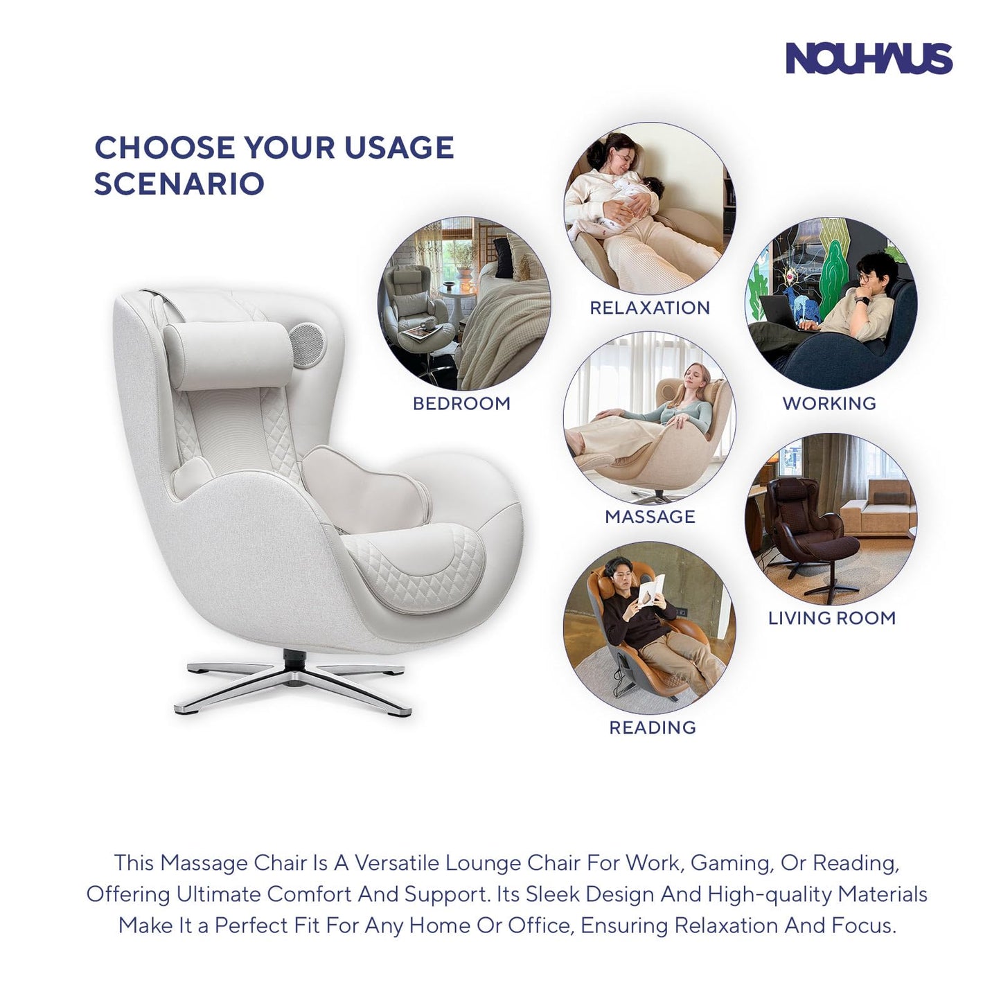 Nouhaus Classic Massage Chair with Ottoman. White Leather Lounge Chair, with Percussive & Shiatsu Chair Massager, Bluetooth Spea