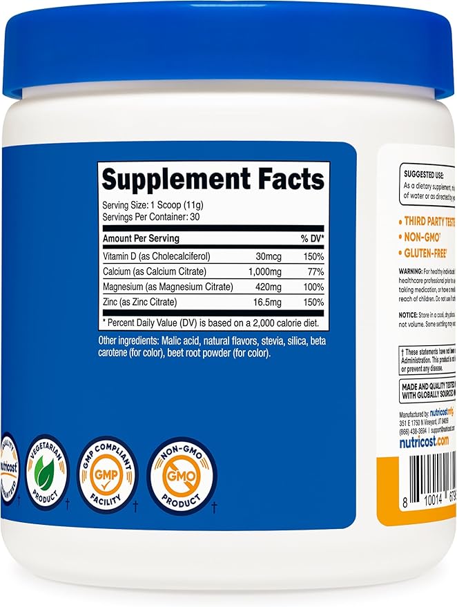 Nutricost Calcium Magnesium Zinc Citrates with Vitamin D3 Powder, 30 Servings (Peach Mango Flavor)