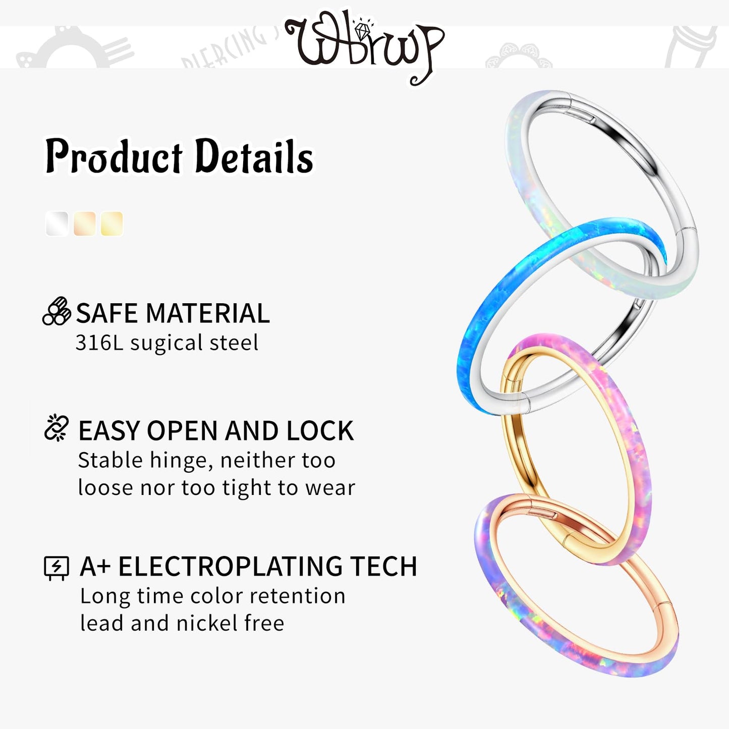 WBRWP Unisex Nose Ring Hoop with Purple Opal 20G(0.8mm) Diameter 8mm 316L Surgical Stainless Steel Hinged Jewelry Hinged Segment