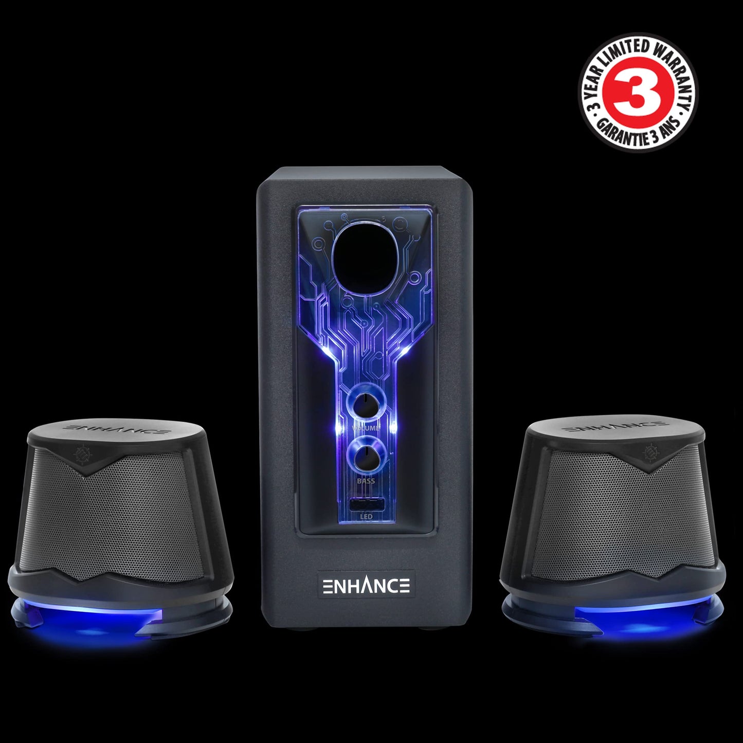 Enhance Sb 2.1 Computer Speakers With Subwoofer - Red Led Gaming Speakers, Computer Subwoofer System, Ac Powered & 3.5Mm, Volume