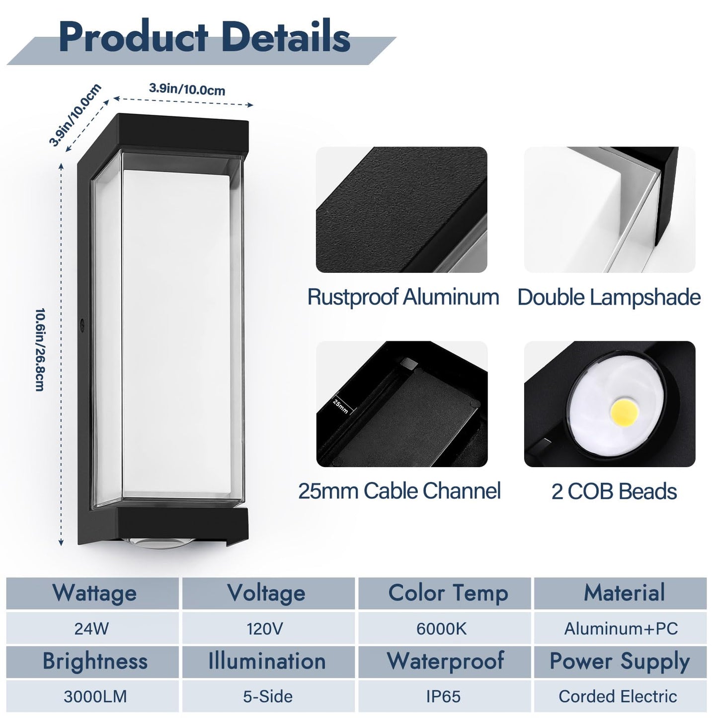 Dugwry Led Exterior Lighting Fixtures  24W Ip65 Waterproof Outdoor Wall Sconce  3000Lm 6000K Porch Lights With Double Lampshades  Black Wall Lamps For Outside  Modern Wall Mount Lighting For Entryway
