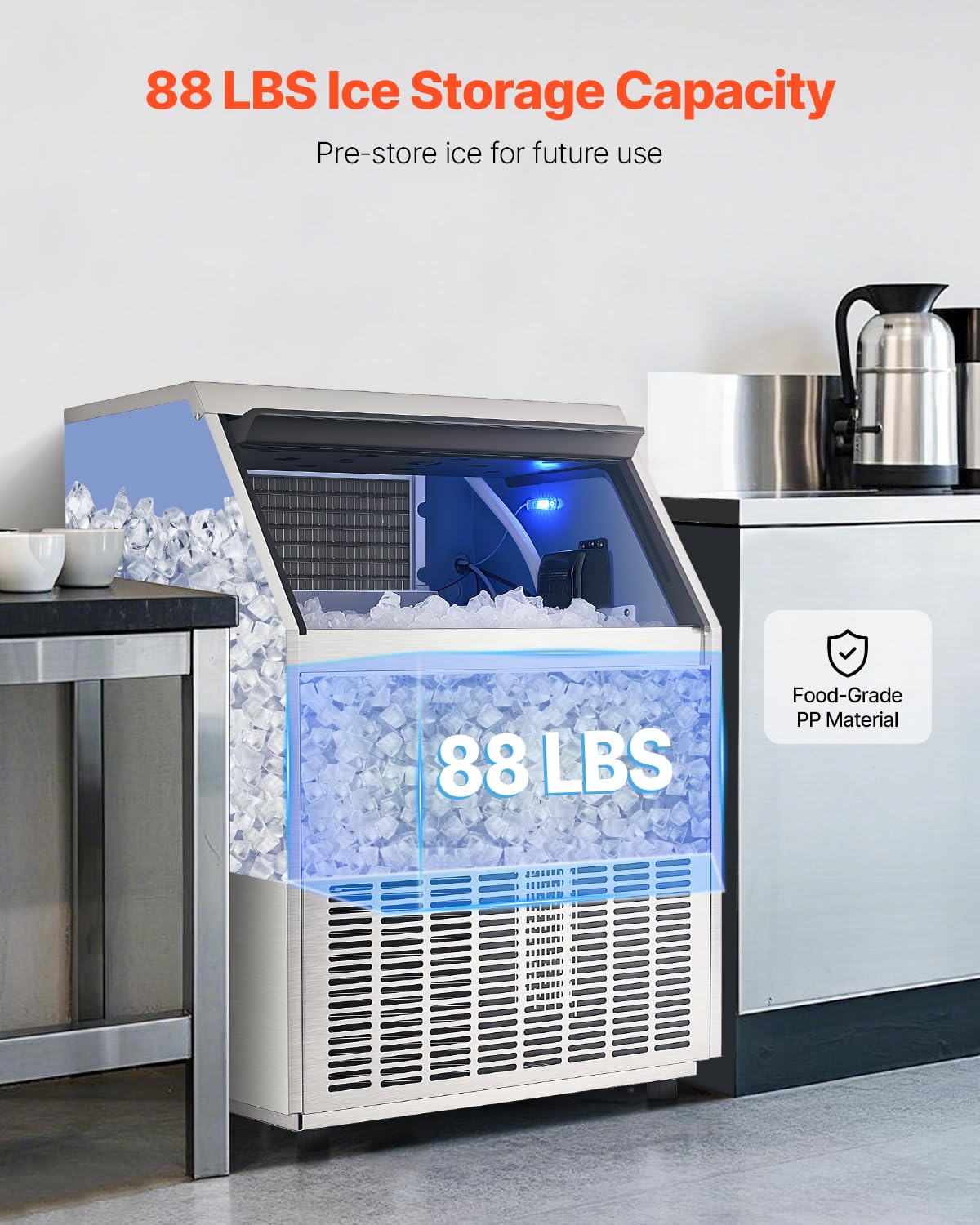 Vevor Commercial Ice Maker Machine, 265Lbs/24H Ice Maker Machine With 88Lbs Storage Capacity, 126 Ice Cubes In 15 Minutes, Led D