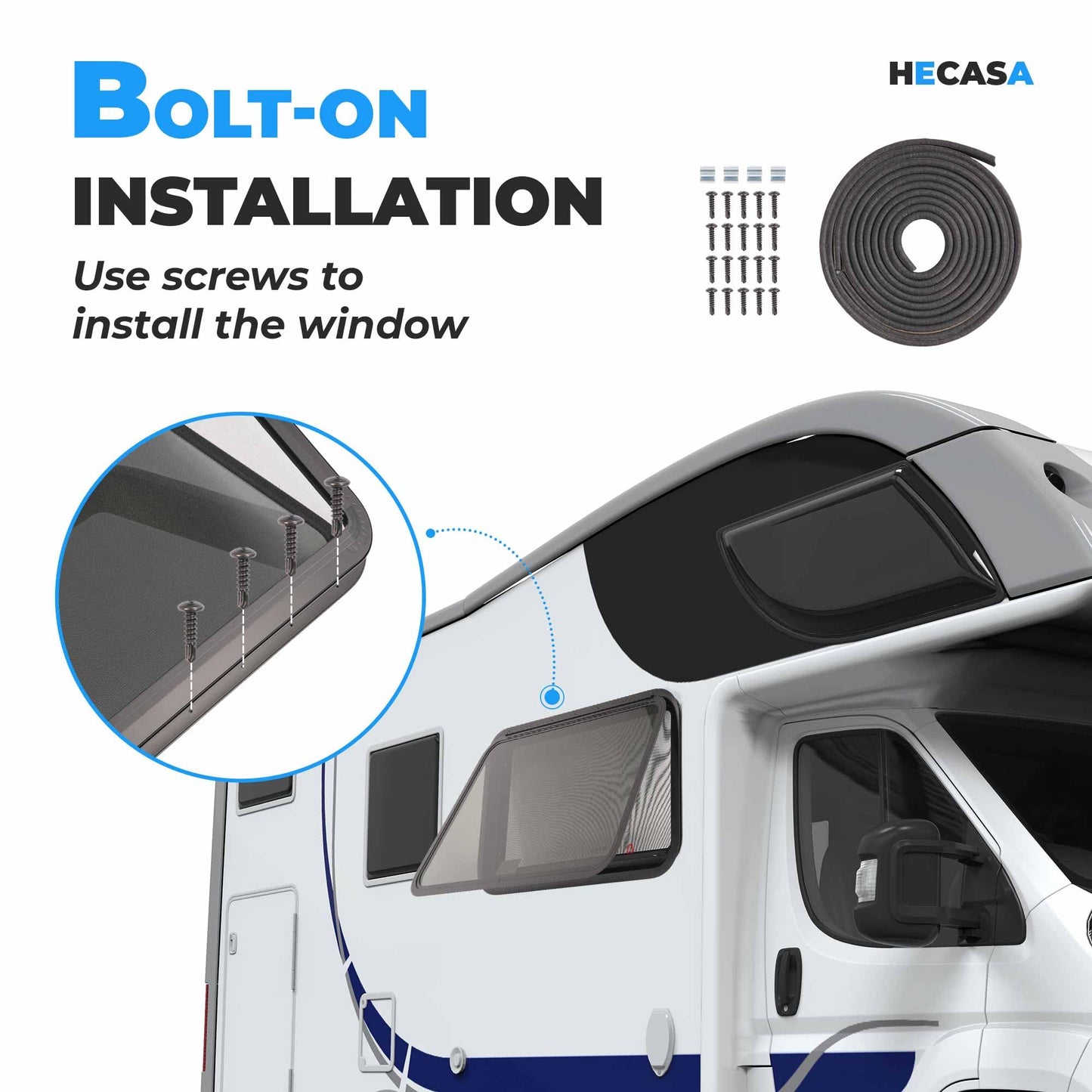 HECASA RV Emergency Exit Window with Trim Ring & Screen, 30in x 20in, Aluminium Tempered Glass, Model MO-5419, 1PC