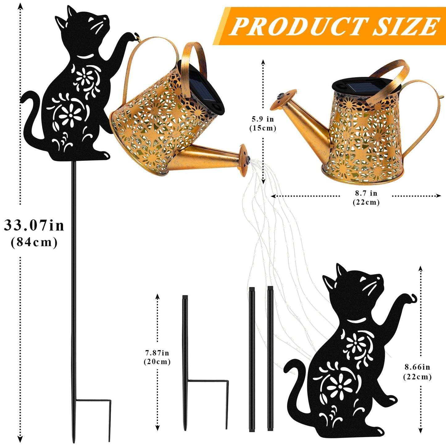 Solar Lights Outdoor Decorative  Watering Can With Cascading Lights  With Cat Silhouette Garden Stakes  Waterproof Metal Garden Decor For Yard Art  Outside  Patio  Lawn Ornaments 2Pack