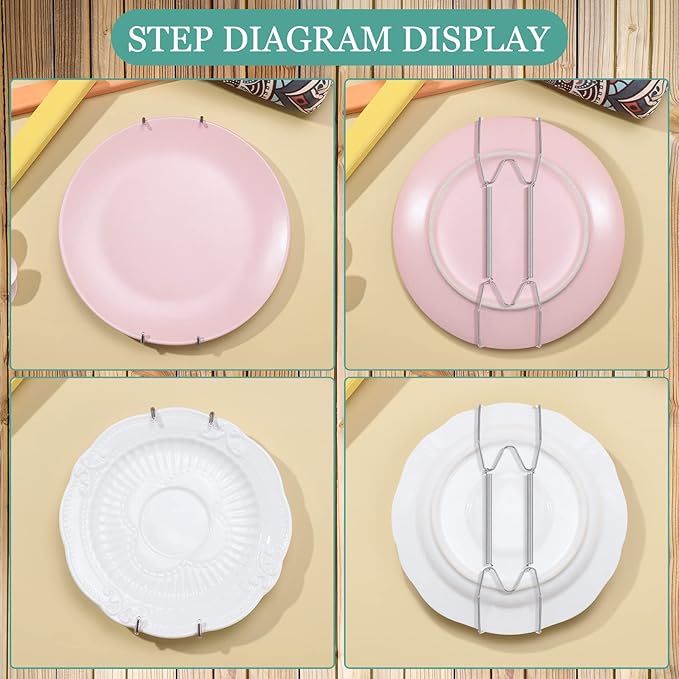Hotop 12 Pieces Plate Hangers for Wall 8/12/14 Inch Stainless Steel Wire Invisible Plate Hangers Heavy Duty Display Holders with 12 Pieces Hooks for Wall Decorative(Silver)