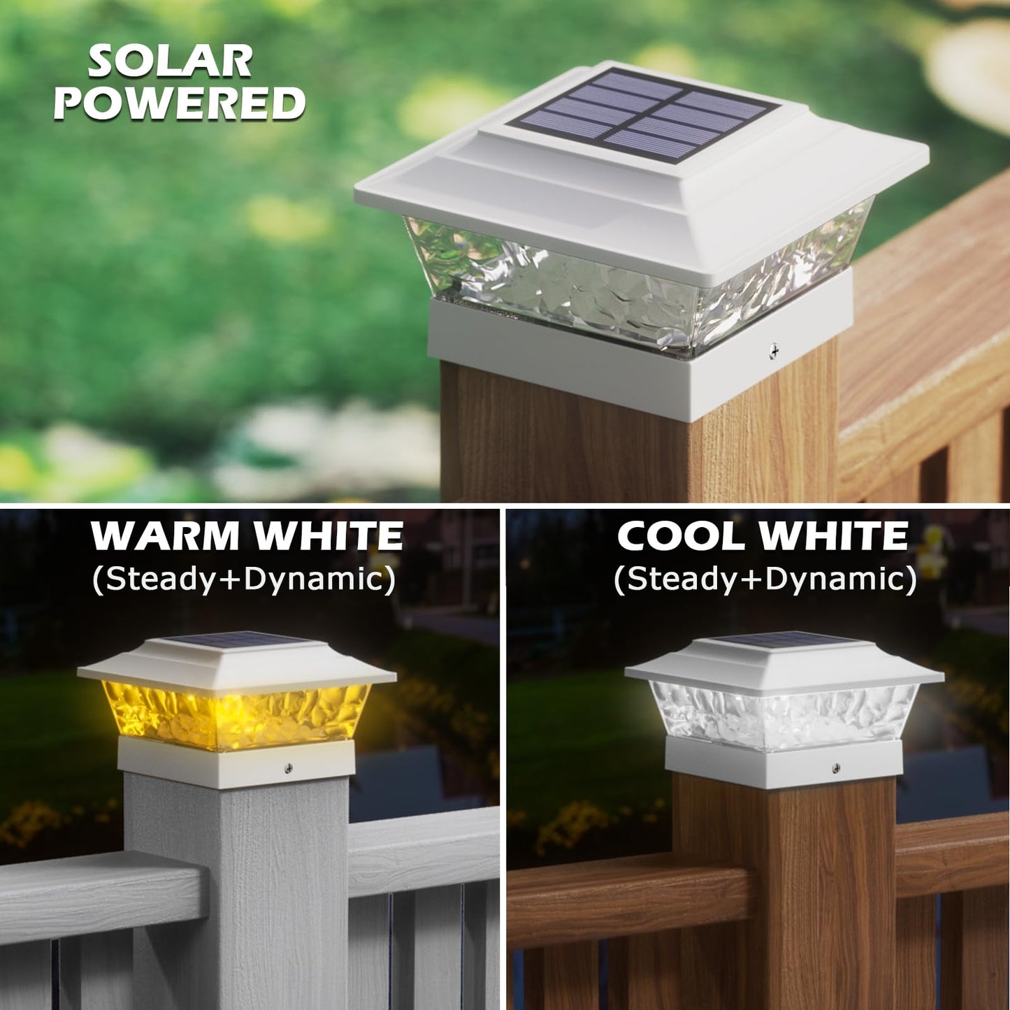 Siedinlar Solar Post Lights Outdoor 12 Leds 4 Modes Post Cap Light For 4X4 5X5 6X6 Wooden Vinyl Fence Deck Posts Garden Patio Decor  Warm/Cool White Dynamic Lighting (1 Pack  White)