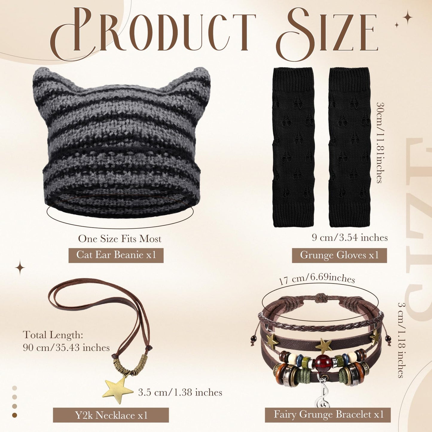 JaGely 4 Pcs Therian Grunge Emo Accessories for Women Cat Beanie Fairy Ripped Gloves Y2k Necklace Fairycore Bracelets Jewelry(Black)