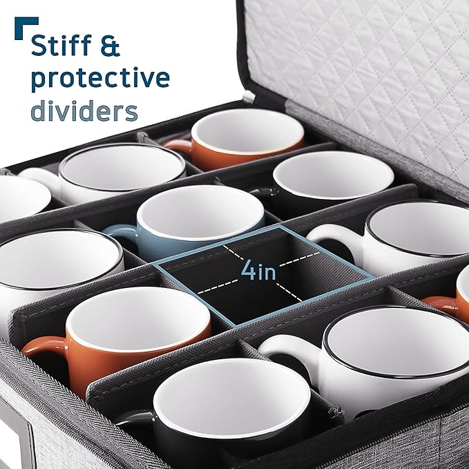 Coffee Mug Storage, 2 Pack Quilted and Stackable Coffee Cup Storage Organizer for Service of 24, Mug Storage Box with Dividers, China Containers Hard Shell for Moving and Organization, Grey