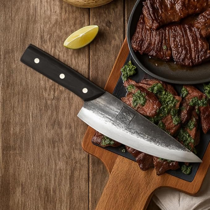 COOLINA Knife Set – Chef, Tungsten & Lixy Knives Bundle – 3-Piece Hand-Forged Carbon Steel Kitchen & BBQ Knives with Wooden Handles – Full Tang Butcher, Cleaver & Cooking Knife Set