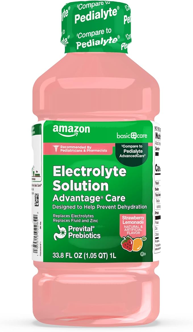 Amazon Basic Care Advantage Care Electrolyte Solution with Prevital Prebiotics, Strawberry Lemonade, Hydration Drink, Repl...