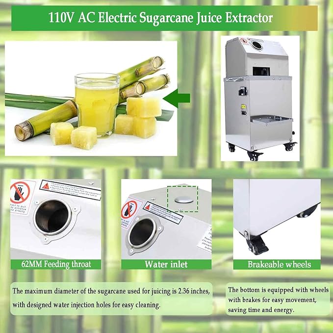110V Manual/electric 2-mode Sugarcane Juice with 3 Rollers, High Juice Yield, 300KG/H Sugarcane Crushing Capacity, 800W Suger Cane Squeezing Juicer, Stainless Steel