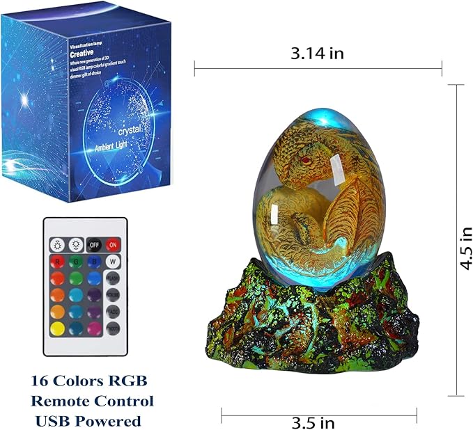 Dragon Night Light, Resin Dragons Lamp with Upgraded Volcanic Lava Base, Remote 16 Colors Flshing RGB Dimmmable for Birthday Xmas Cool Figurines Dragon Gifts for Room Decor Boys Girls