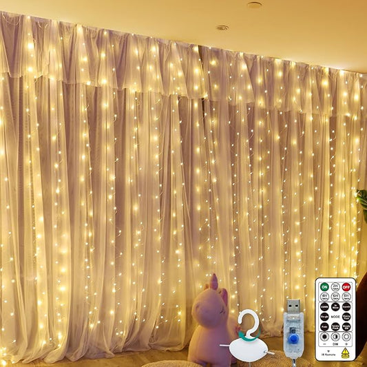 SINAMER Warm White Curtain Light for Bedroom, 300 LED 9.8ft x 9.8ft Window Fairy Curtain String Light with 16 Hooks, 8 Mod...